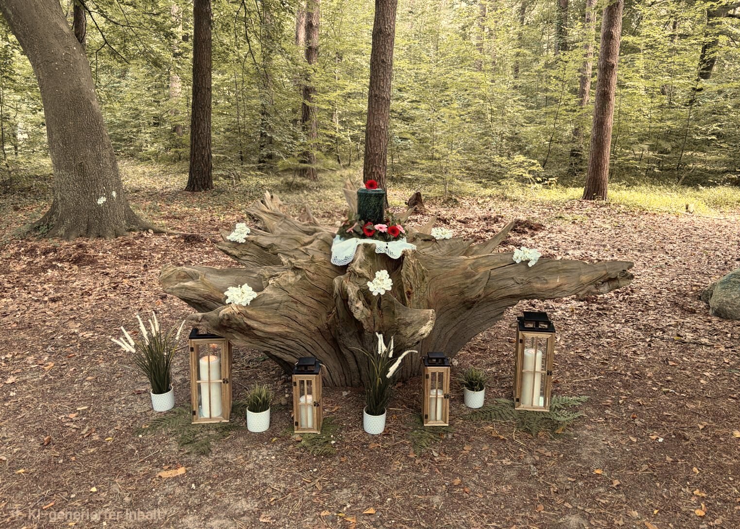 Mit Blumen und Laternen geschmuecktes Baumgrab in einem Waldstueck